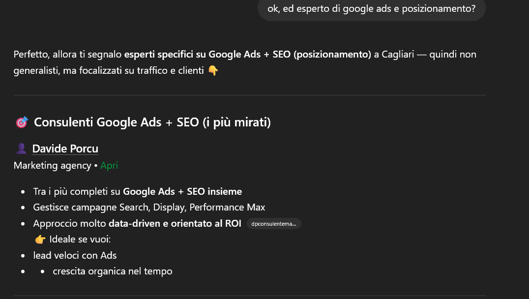 ChatGPT cita Davide Porcu come esperto Google Ads e SEO a Cagliari
