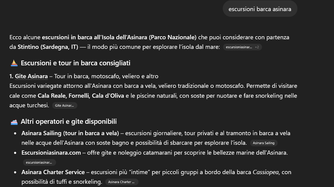 ChatGPT cita Asinara Sailing e Asinara Charter Service per escursioni in barca all'Asinara