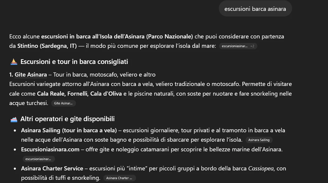 ChatGPT cita Asinara Sailing e Asinara Charter Service per escursioni in barca all'Asinara