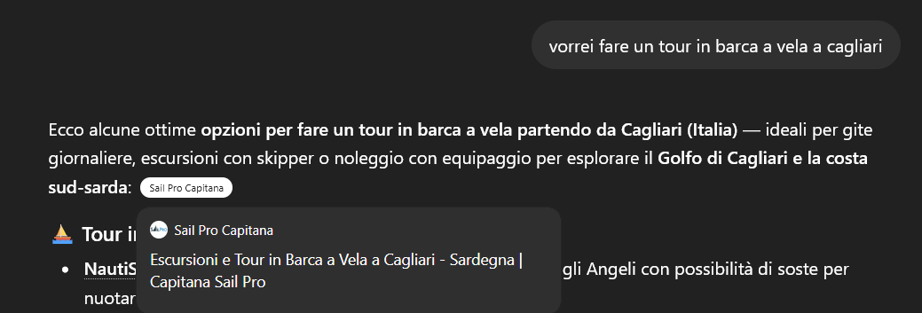 ChatGPT cita Capitana Sail Pro per tour in barca a vela a Cagliari
