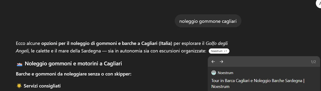 ChatGPT cita Noestrum come opzione per noleggio gommoni a Cagliari