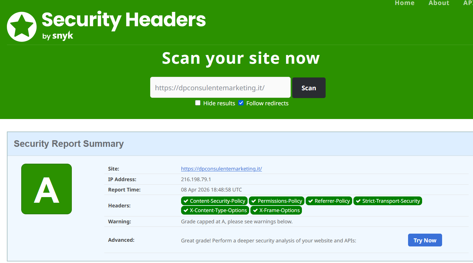 Report securityheaders.com con voto A per dpconsulentemarketing.it: tutti i 6 security headers principali implementati